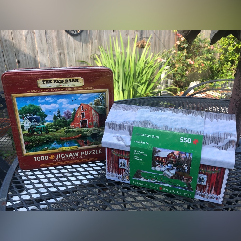 Set of 2 new puzzles in metal tins, red barn theme